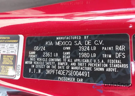 2025 Kia K4 Lxs из США, поврежденный, VIN 3KPFT4DE7SE004491